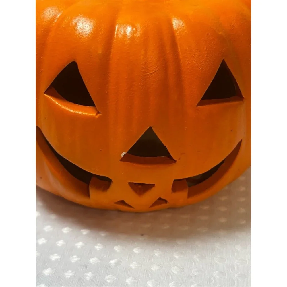VTG Terracotta Hand Painted Jack O' Lantern Clay Pumpkin Halloween Luminary Duo